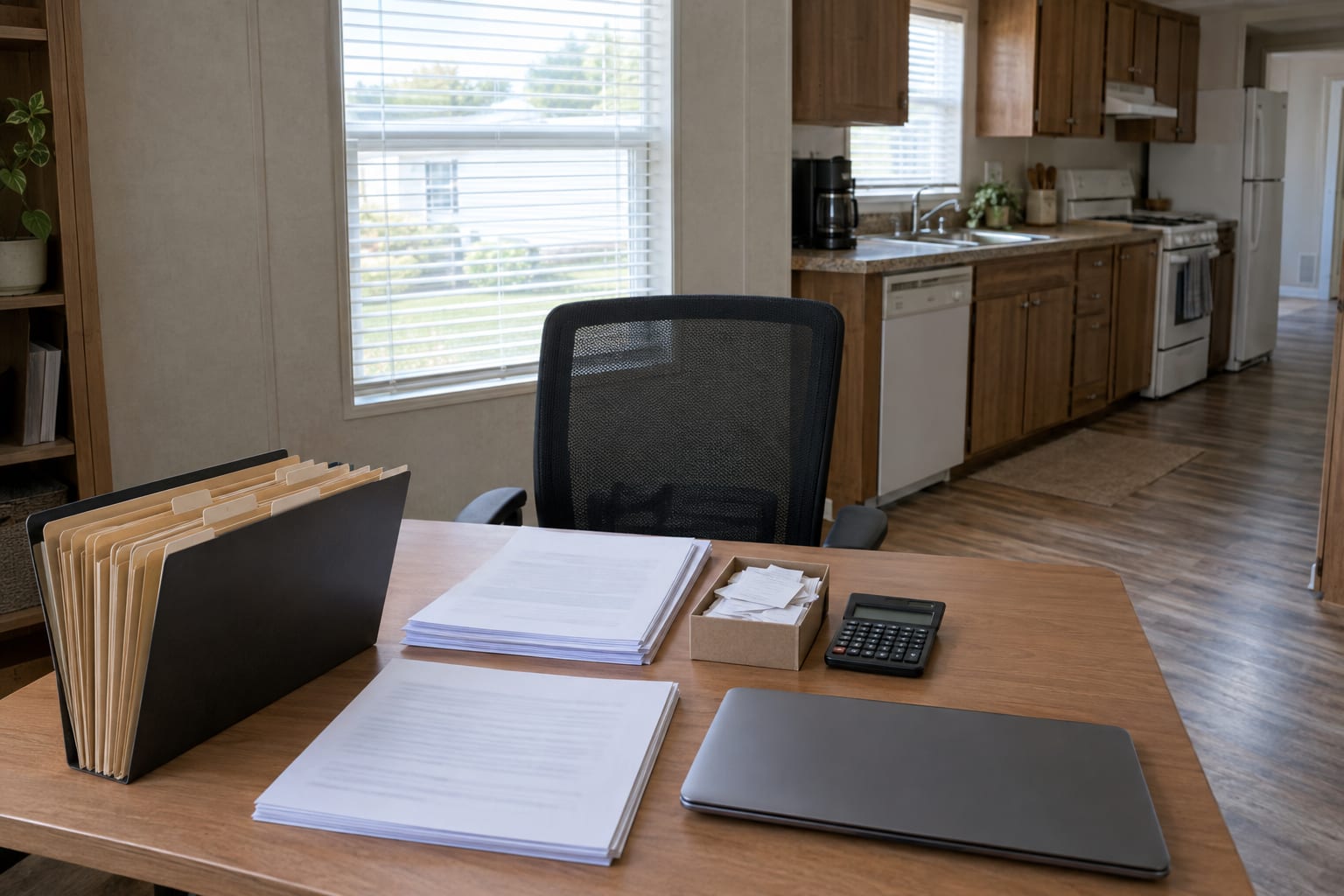 An accordion file, stacks of papers, a box of receipts and a calculator on a small desk in a spare room