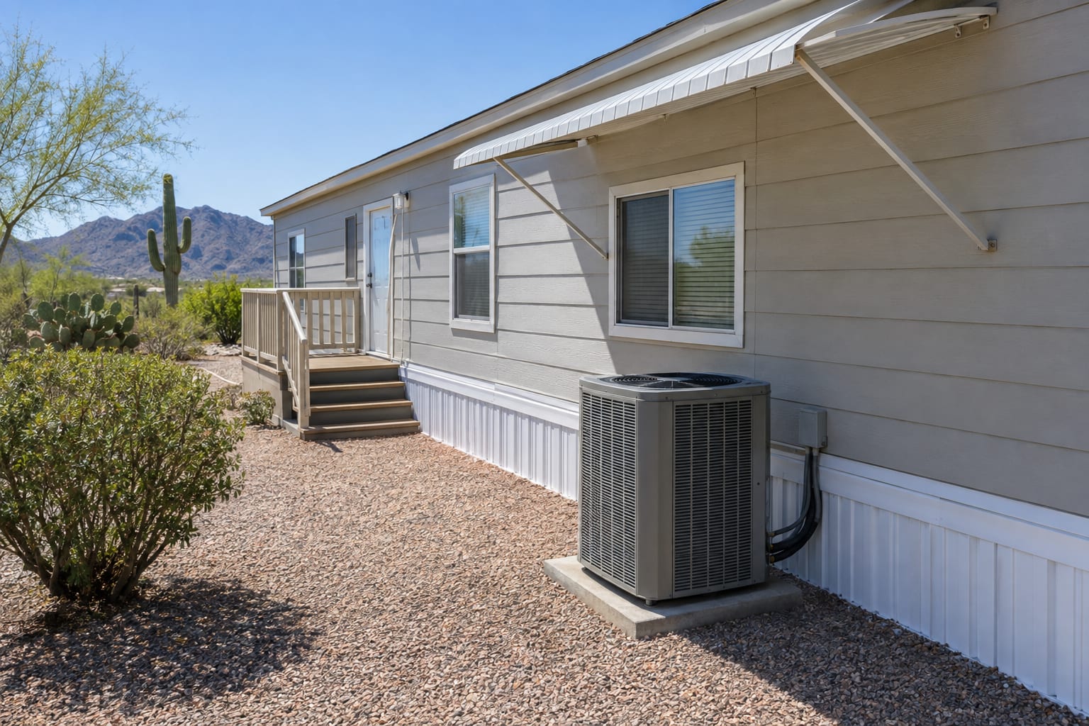 An air conditioner condenser on a concrete pad beside a manufactured home, with clear gravel on every side and a window awning on the wall above it.