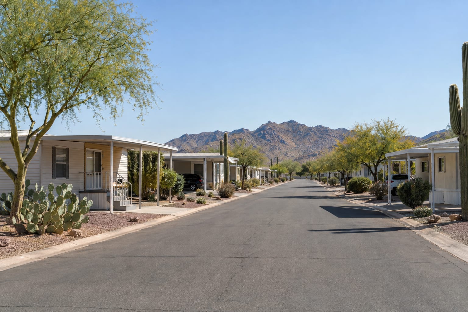 Una calle recta y pavimentada con casas manufacturadas, cocheras y patios de grava en una comunidad con terreno arrendado de Arizona, con montañas a lo lejos