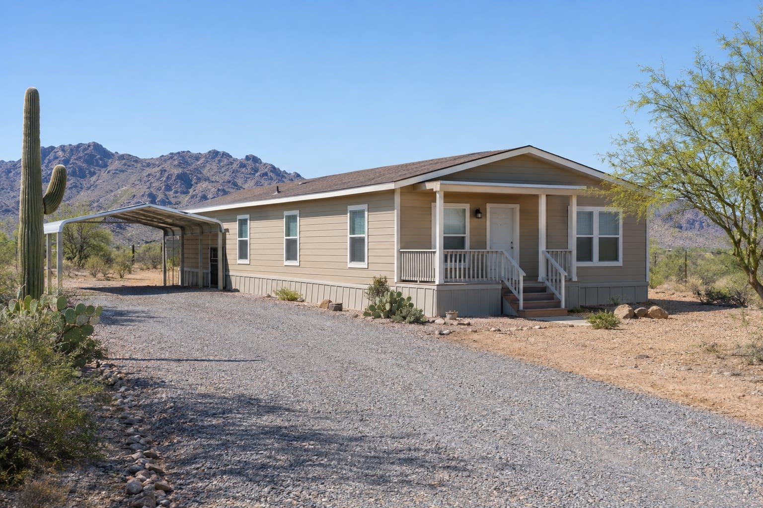 A double-wide manufactured home with a covered porch and a metal carport on its own desert lot in Arizona, with a saguaro and mountains behind it