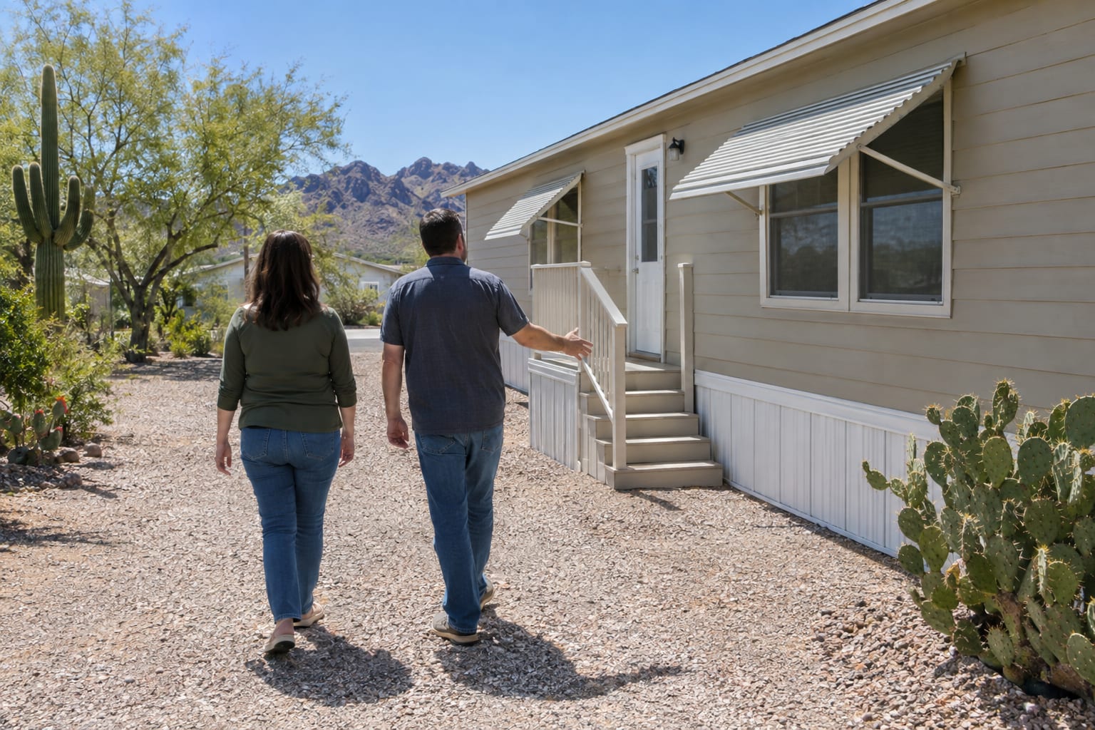 A buyer and a homeowner, seen from behind, walking along the side of a pre-owned manufactured home and looking at its skirting and steps