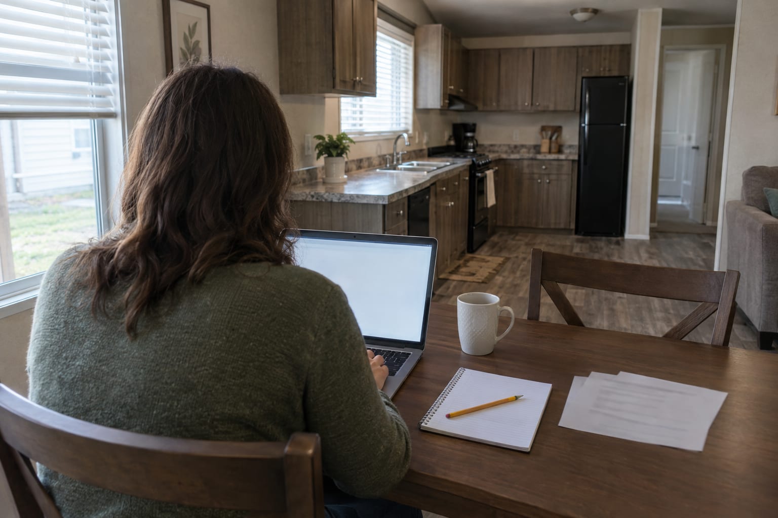 A person seen from behind at a dining table, working on a laptop with a notepad and a few papers beside it
