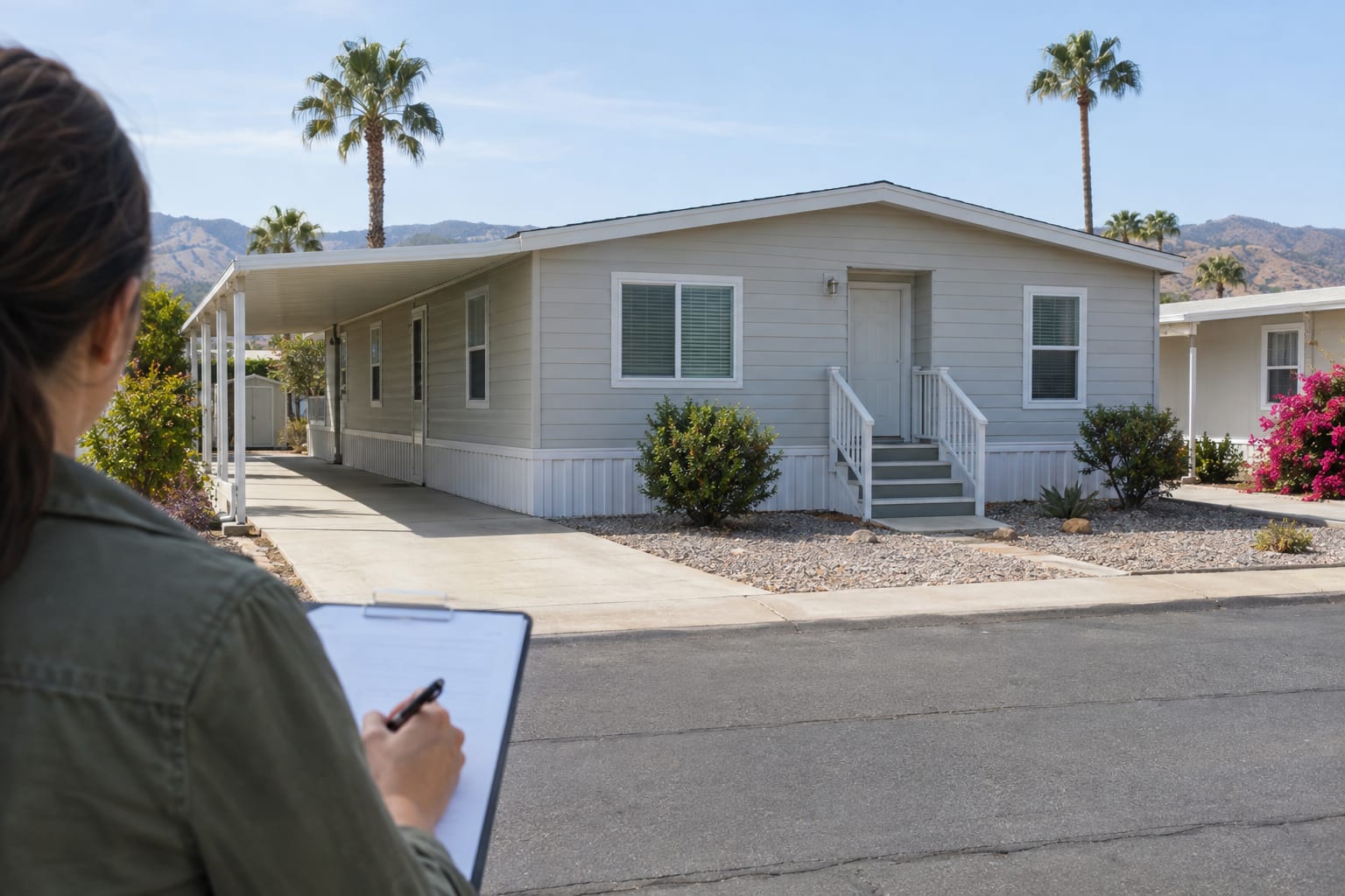 A person seen from behind, writing on a clipboard while facing a manufactured home with a carport on a community street.
