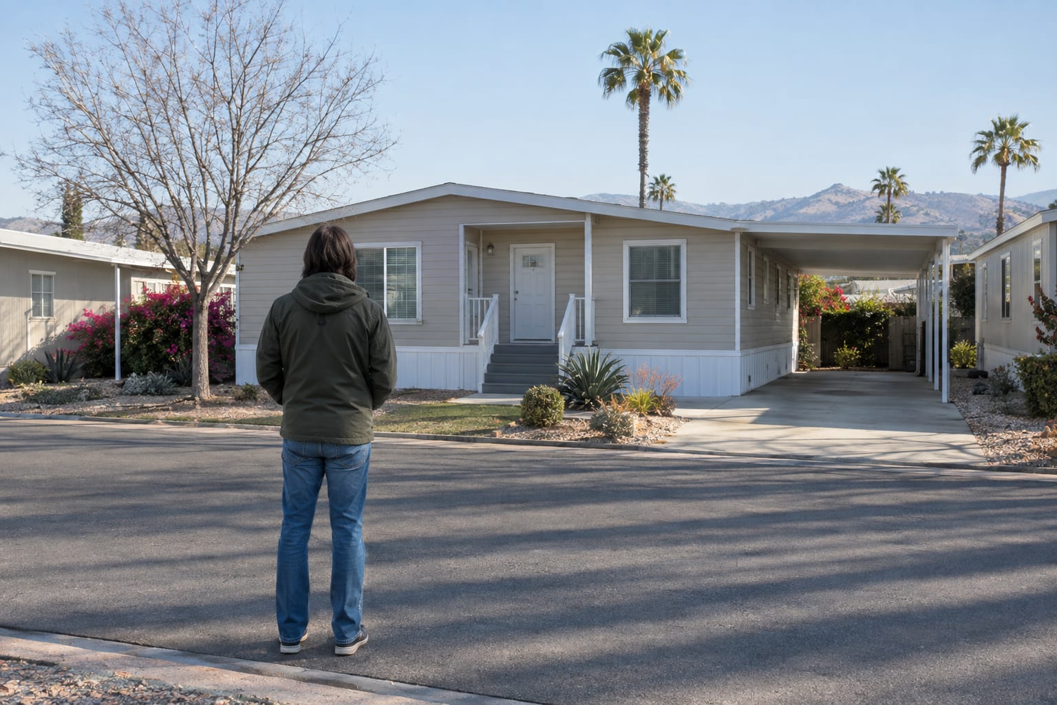 A person in a jacket, seen from behind, looking across a quiet community street at a manufactured home with a covered porch and a carport on a winter morning