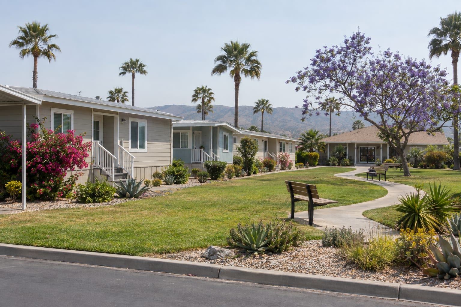 A lawn with a walking path and benches leading to a single-story clubhouse, bordered by manufactured homes in a Southern California community.