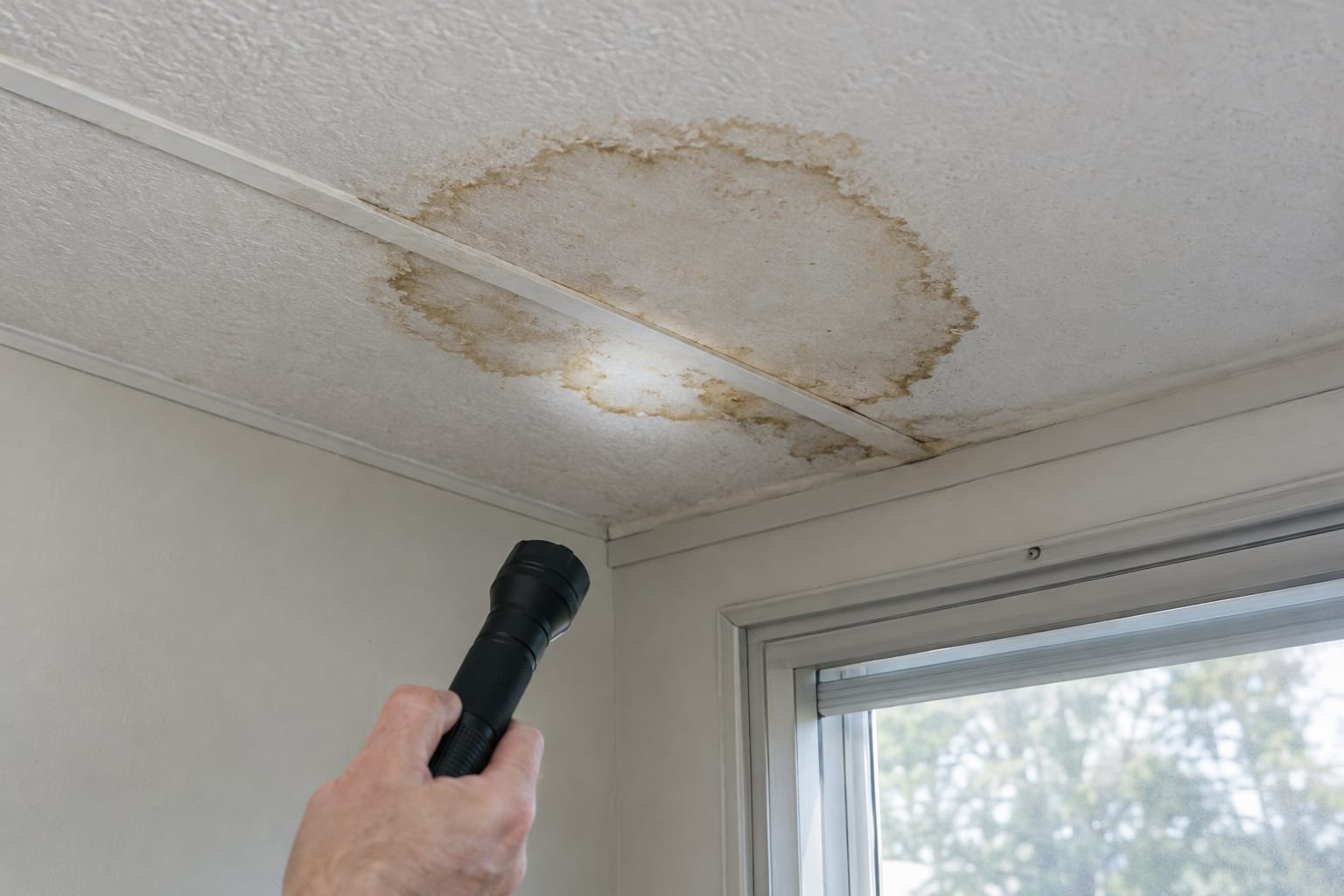 A brown water stain on the ceiling panel of a manufactured home, lit by a flashlight held at the edge of the frame.