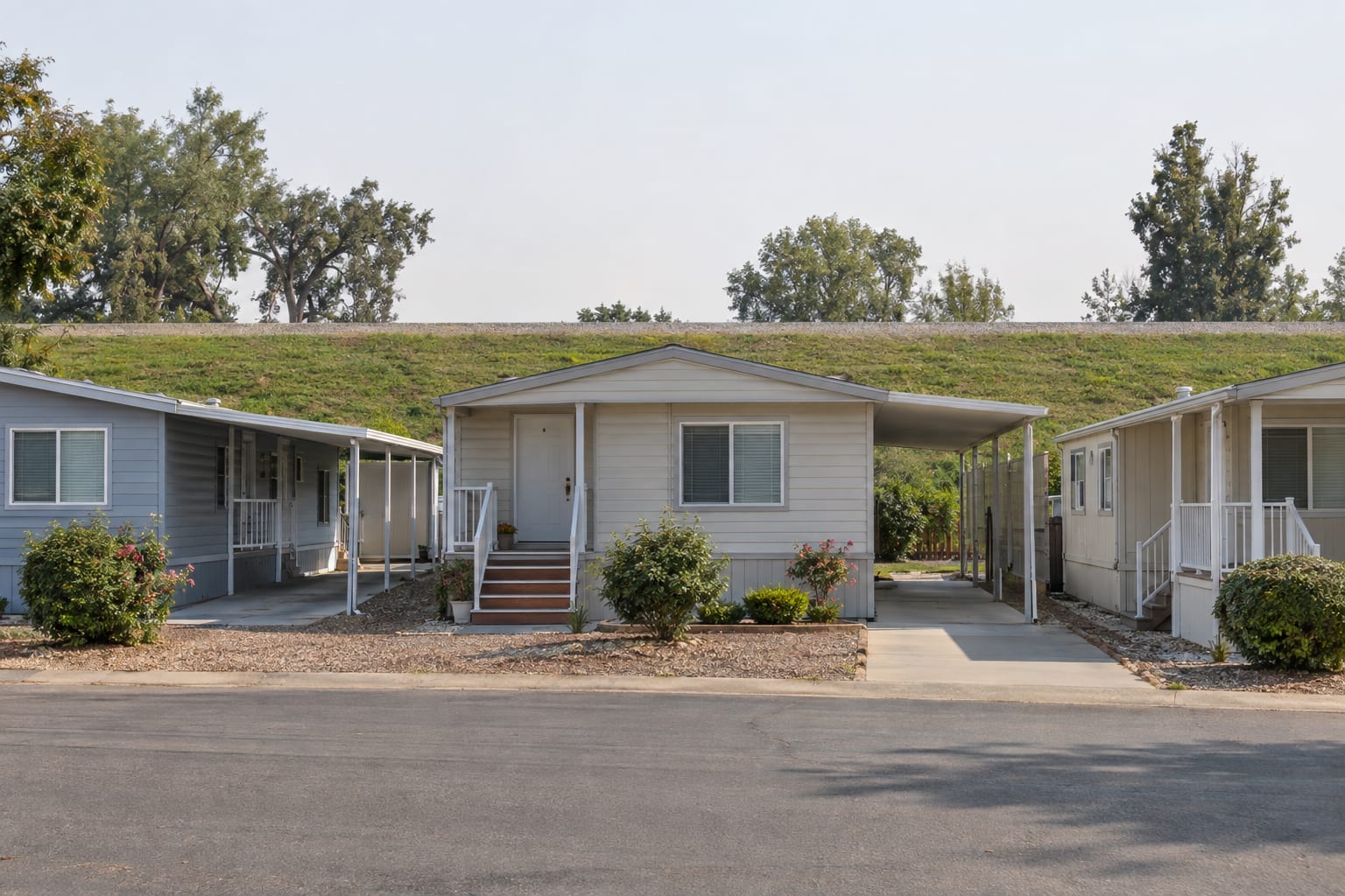 Manufactured homes in a community with a long grass-covered levee rising behind them.