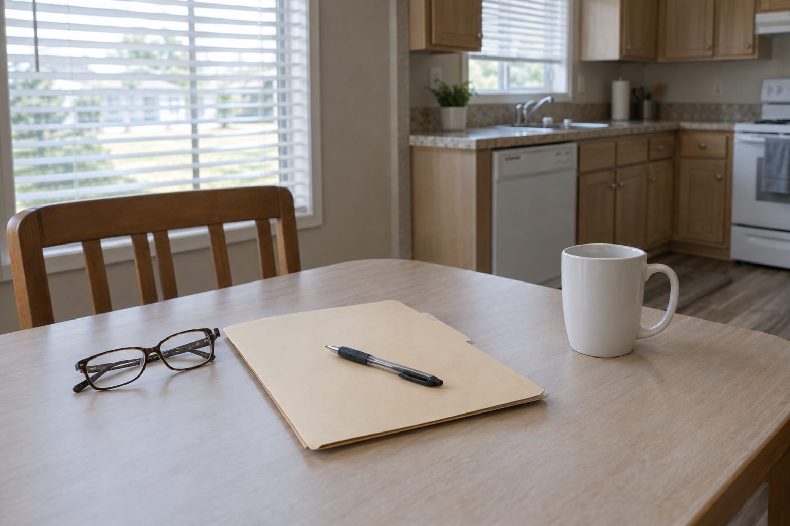 A closed folder, a pen, reading glasses and a mug on the laminate dining table of a manufactured home, with a window and the edge of a kitchen behind