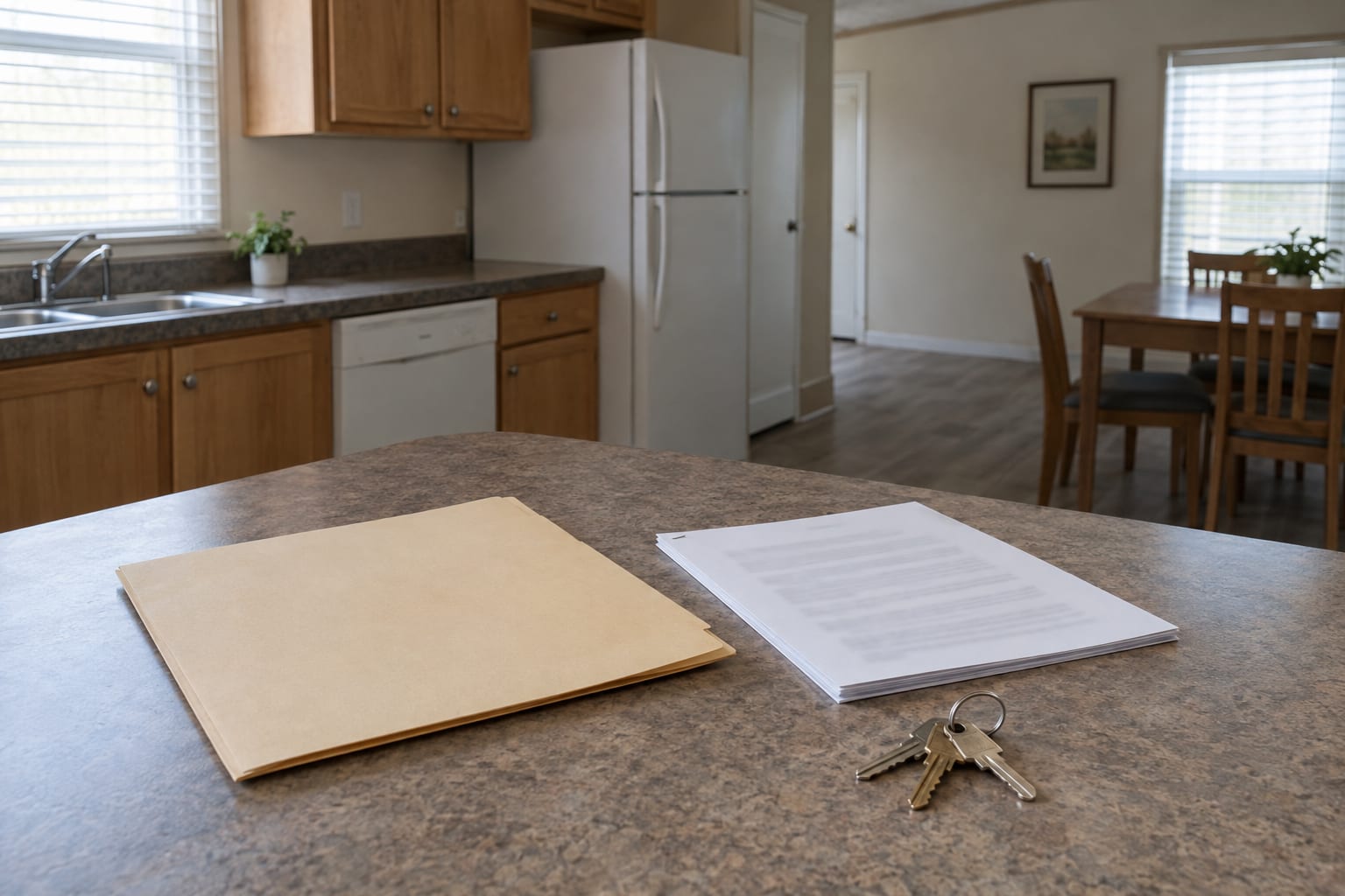 A closed plain folder, a stapled set of pages with blurred print and a set of house keys on a kitchen counter in a manufactured home