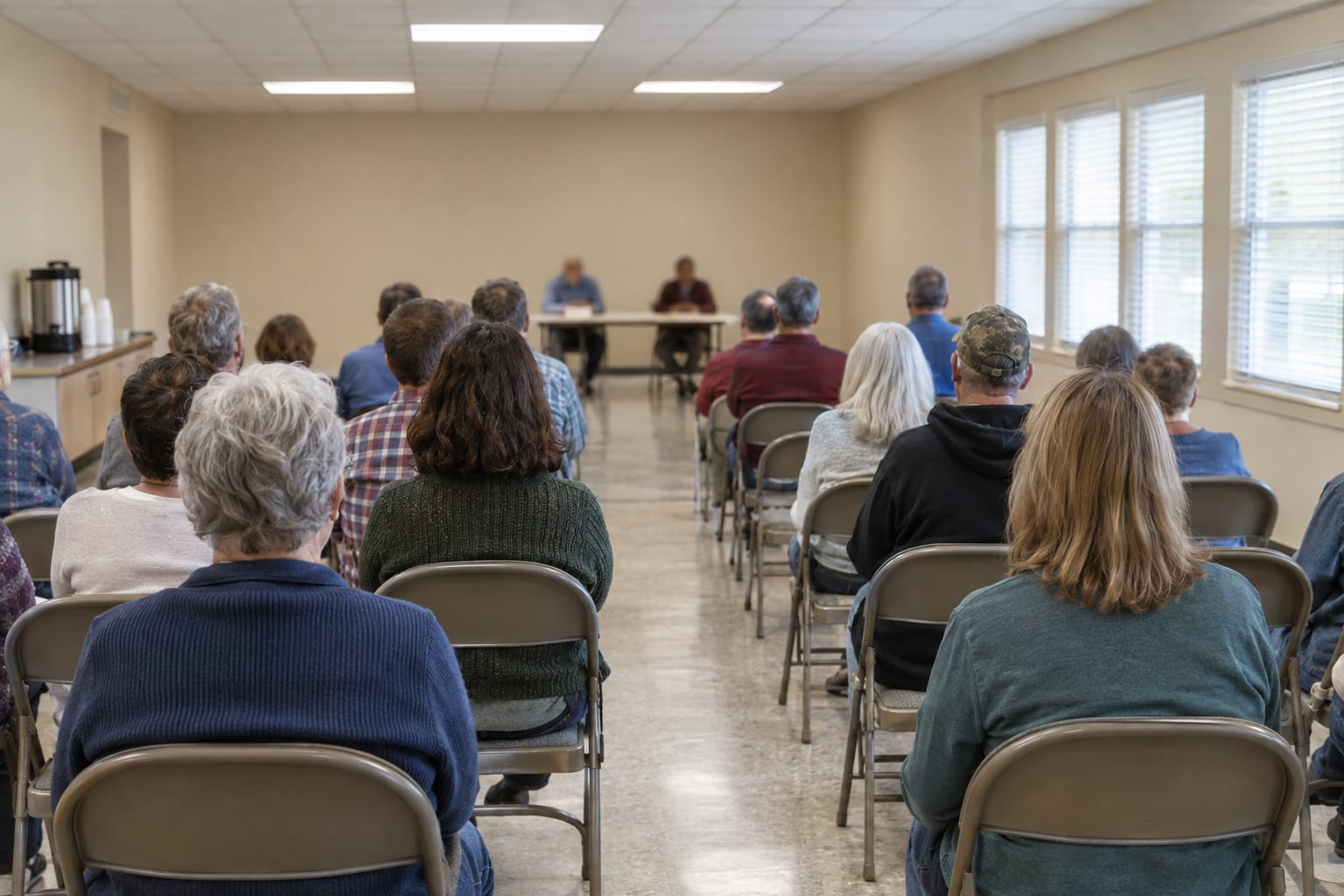 Residents seated in rows of folding chairs in a community clubhouse, seen from behind, facing a table at the front of the room.