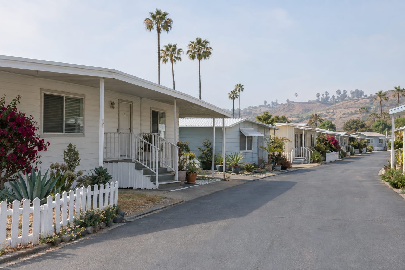 A narrow street of closely spaced older manufactured homes with carports and small patios under a hazy coastal sky.