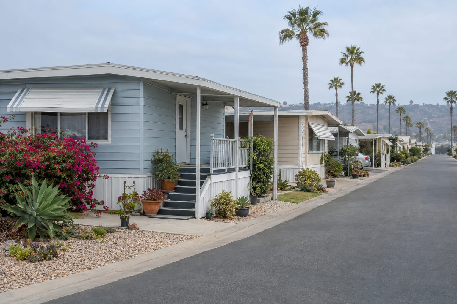 Manufactured homes set close together along a narrow palm-lined street in a coastal California community on a hazy morning.
