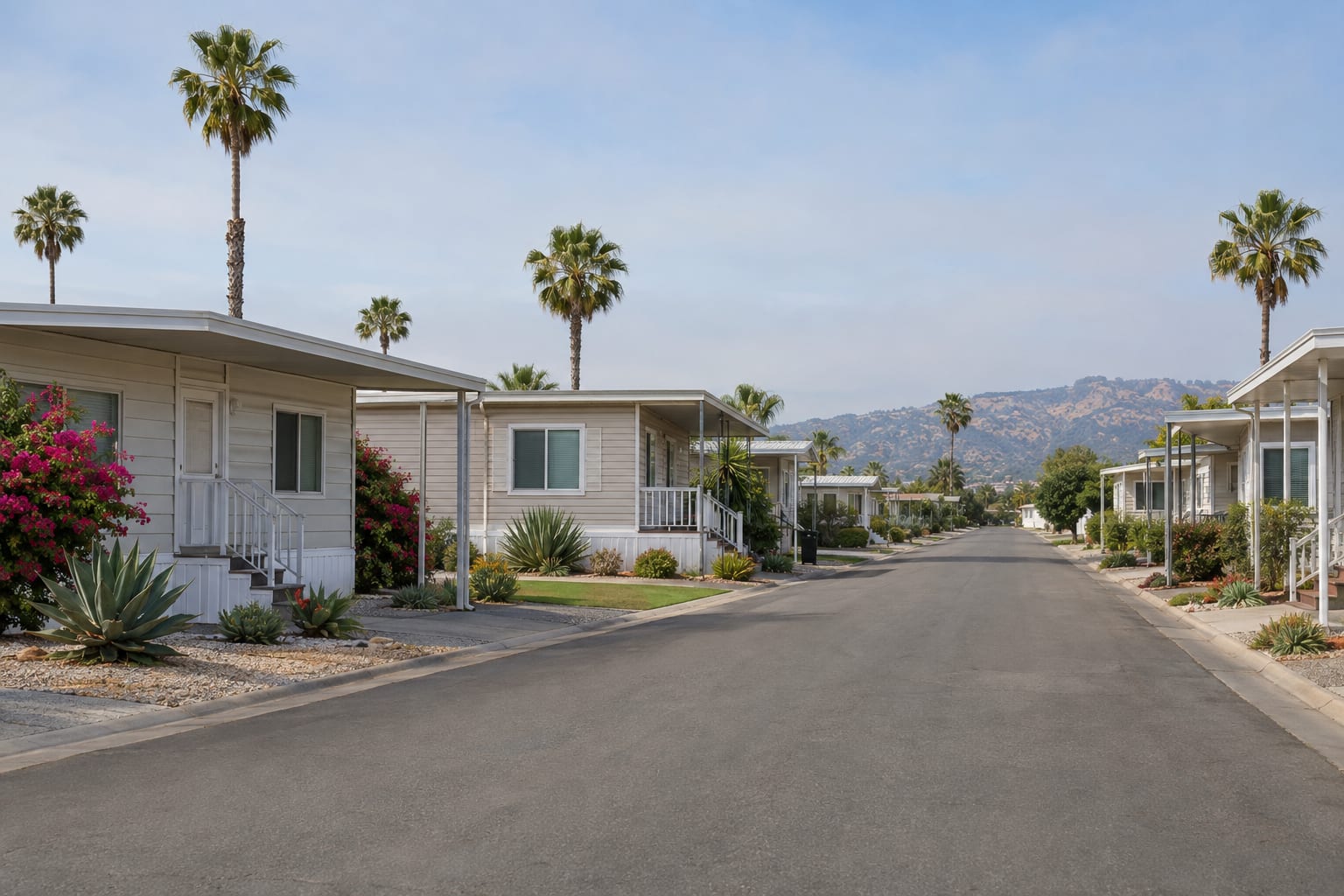 A street of manufactured homes with carports and small porches, set close together under a hazy coastal sky with palm trees behind