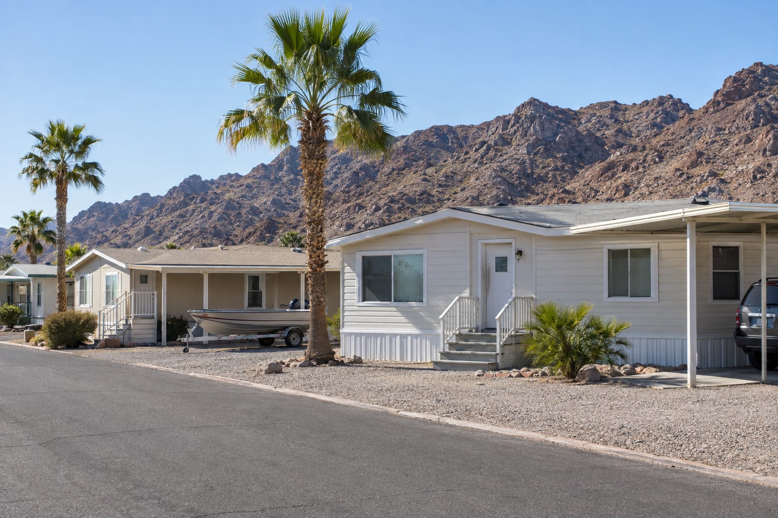 Manufactured homes with carports and fan palms on a gravel community street, with a boat on a trailer and bare rocky mountains behind.