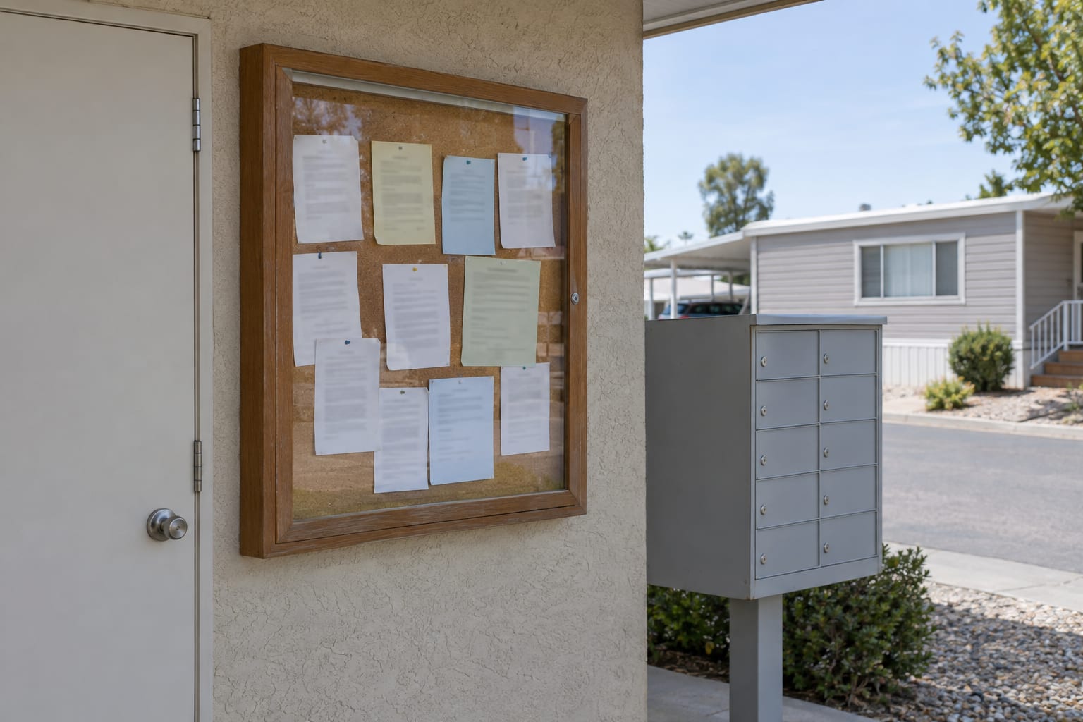 A glass-fronted bulletin board with pinned sheets of paper on the wall beside a community office door, next to a cluster of mailboxes.