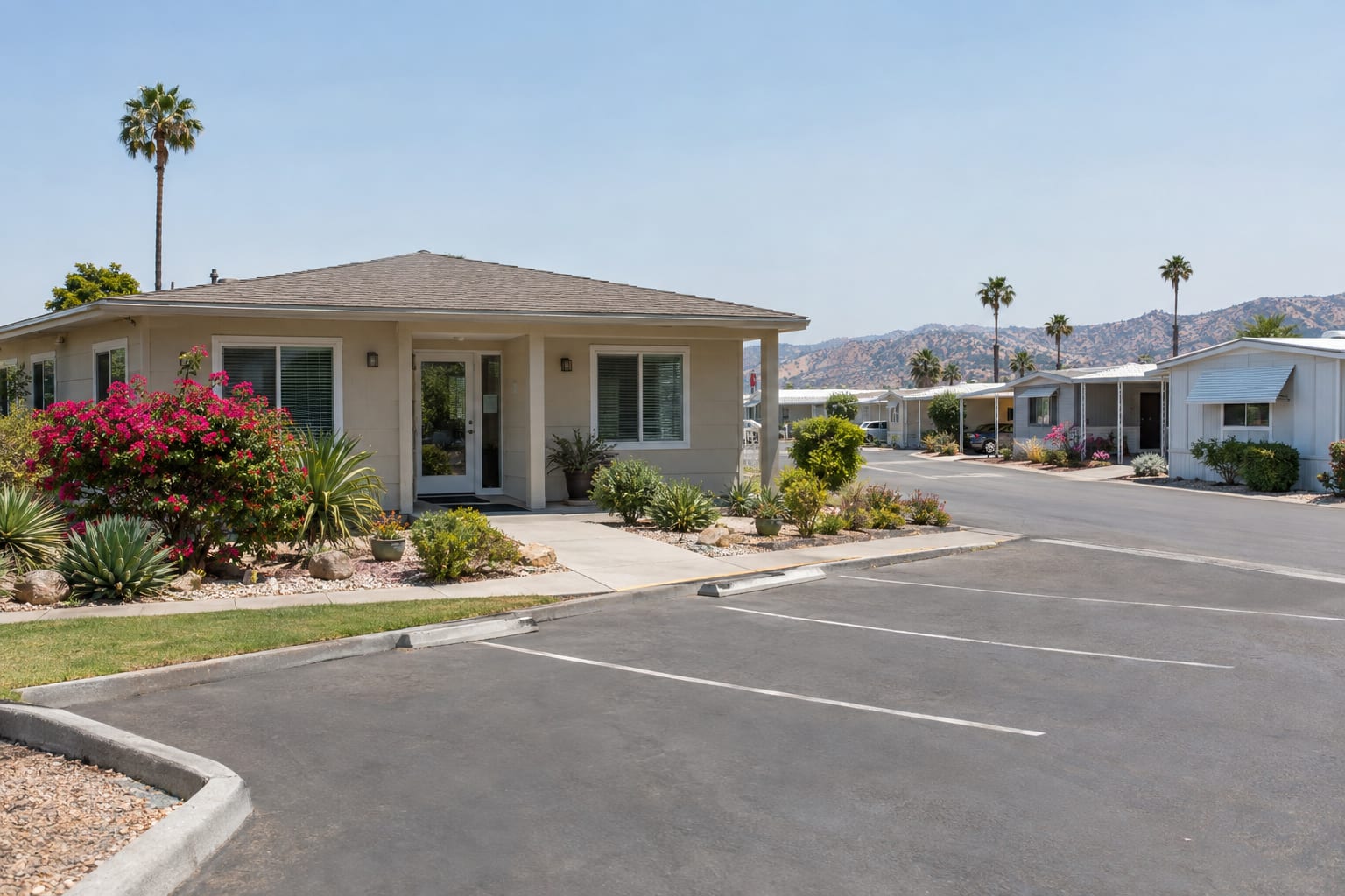 A small single-storey clubhouse and office building at the entrance to a manufactured home community, with homes along the street behind it