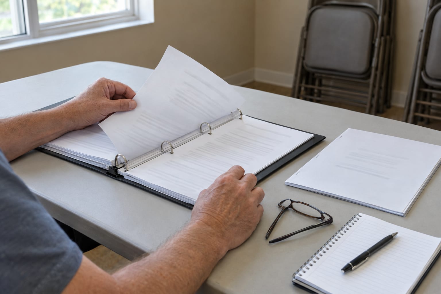 Hands turning a page in a three-ring binder on a table, next to a stapled booklet, a notepad and reading glasses.