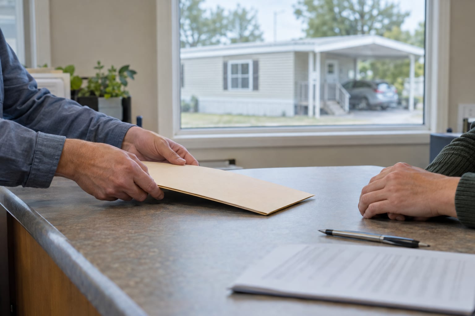 Hands sliding a folder of paperwork across the counter of a community office, with a manufactured home visible through the window behind