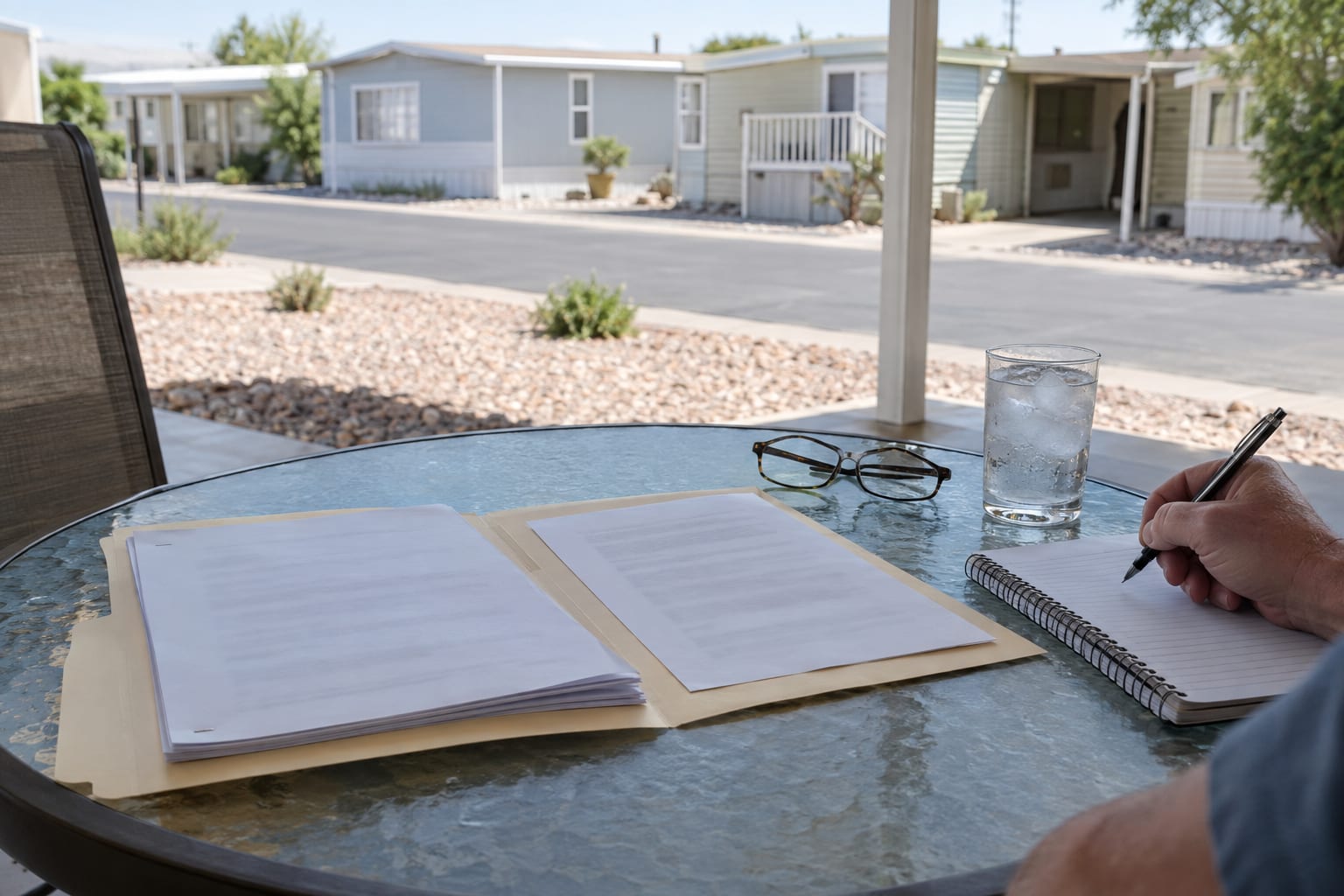 A hand holding a pen over a notepad beside an open folder of printed pages on a patio table, with a community street out of focus behind.