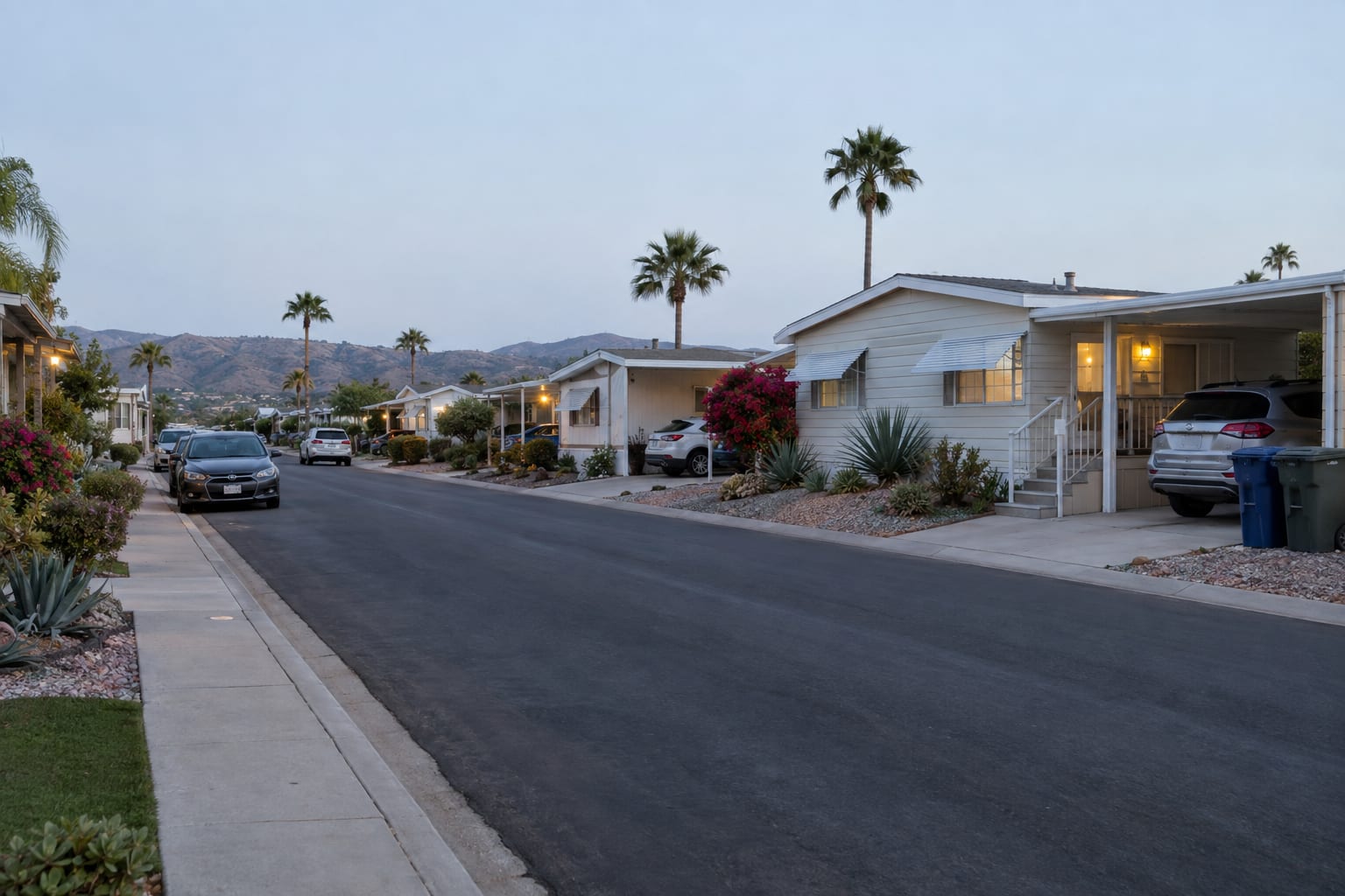 A community street in the early evening with cars in every carport and porch lights on at several manufactured homes.