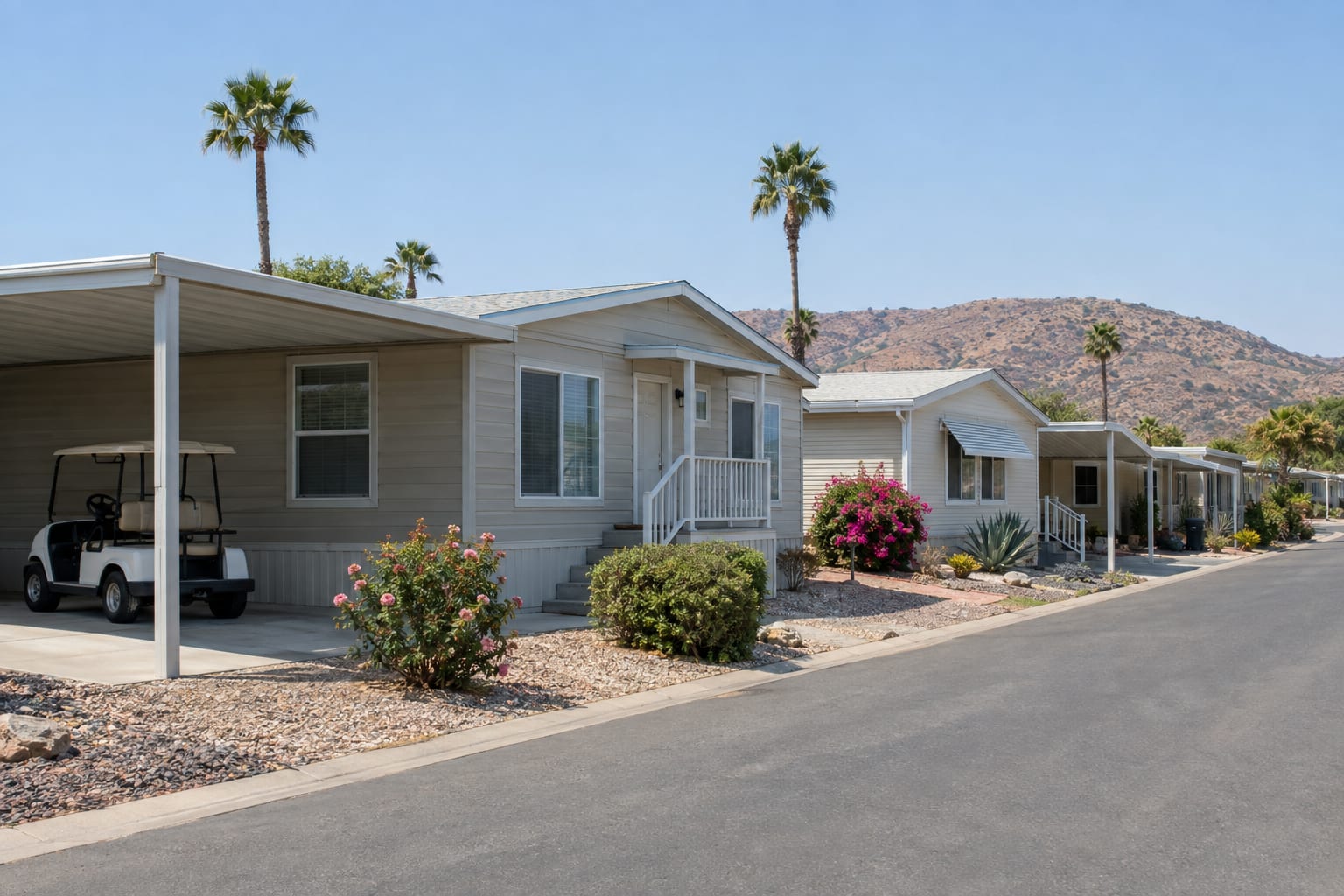 A community street lined with manufactured homes and carports, a golf cart parked under the nearest carport and dry hills in the distance