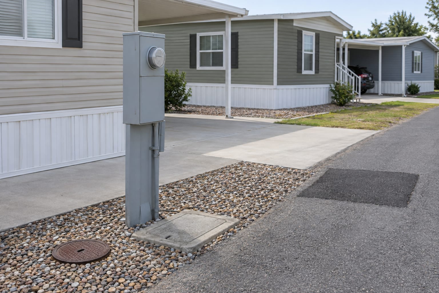 An electrical meter pedestal and water meter covers beside a paved community street, with manufactured homes in the background.