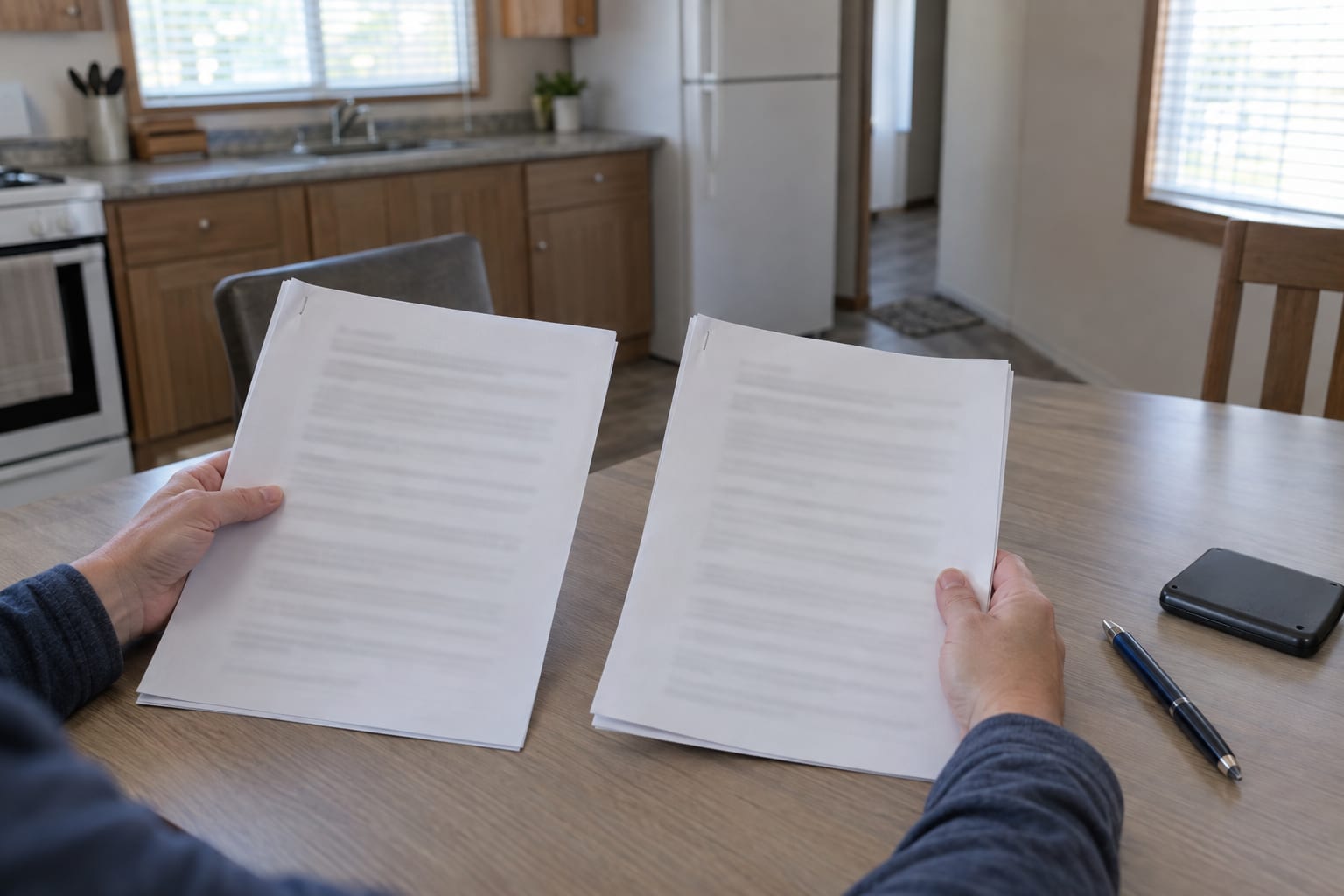 Two hands holding two stapled sets of pages side by side over a kitchen table, with a pen and a pocket calculator beside them
