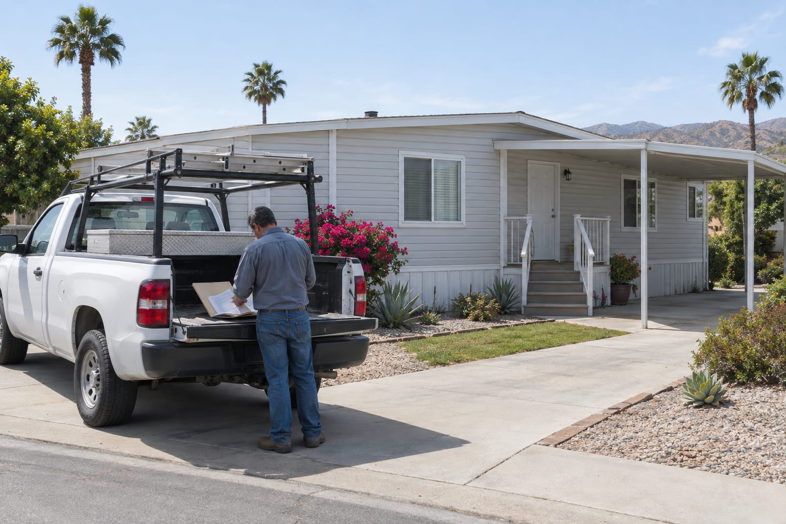 A person seen from behind sorting a folder of papers on the tailgate of a work pickup parked beside a manufactured home