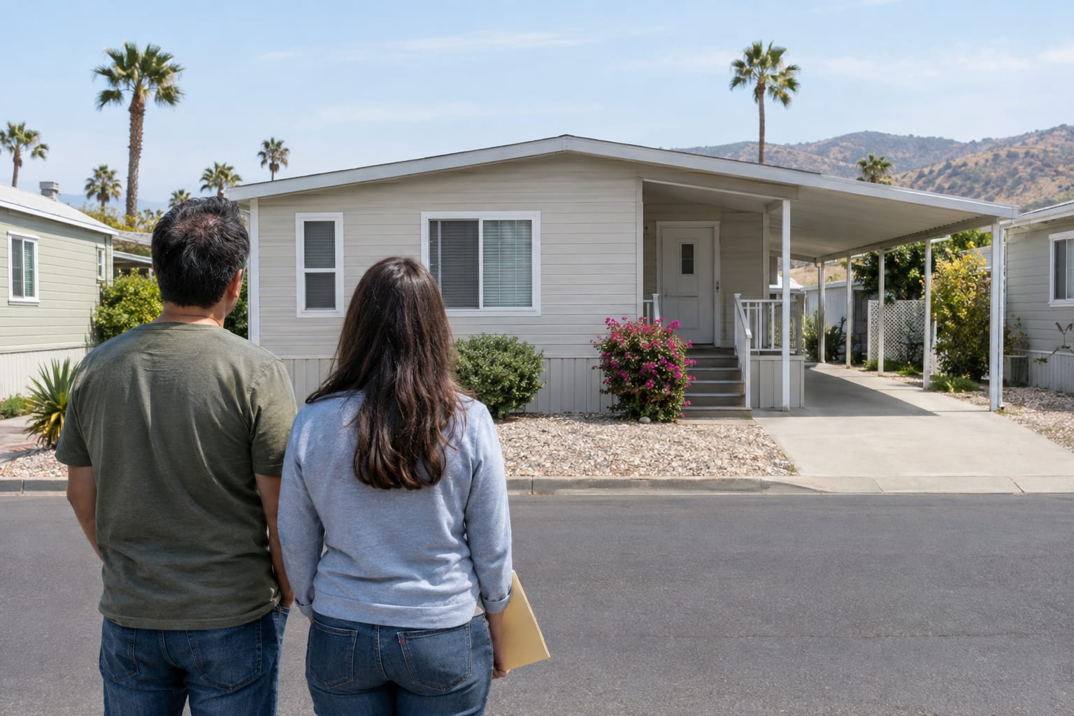 Two people seen from behind standing at the curb of a community street, looking at a double-wide manufactured home with a carport, one of them holding a folder