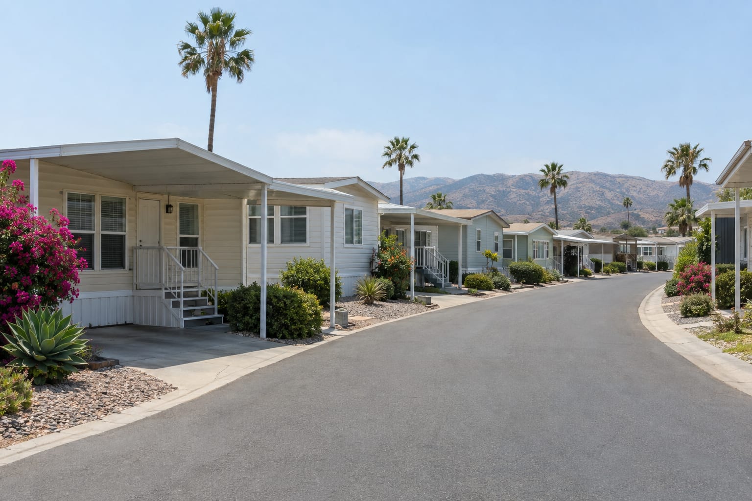 A gently curving street in a manufactured home community, with single-wide and double-wide homes and carports on both sides