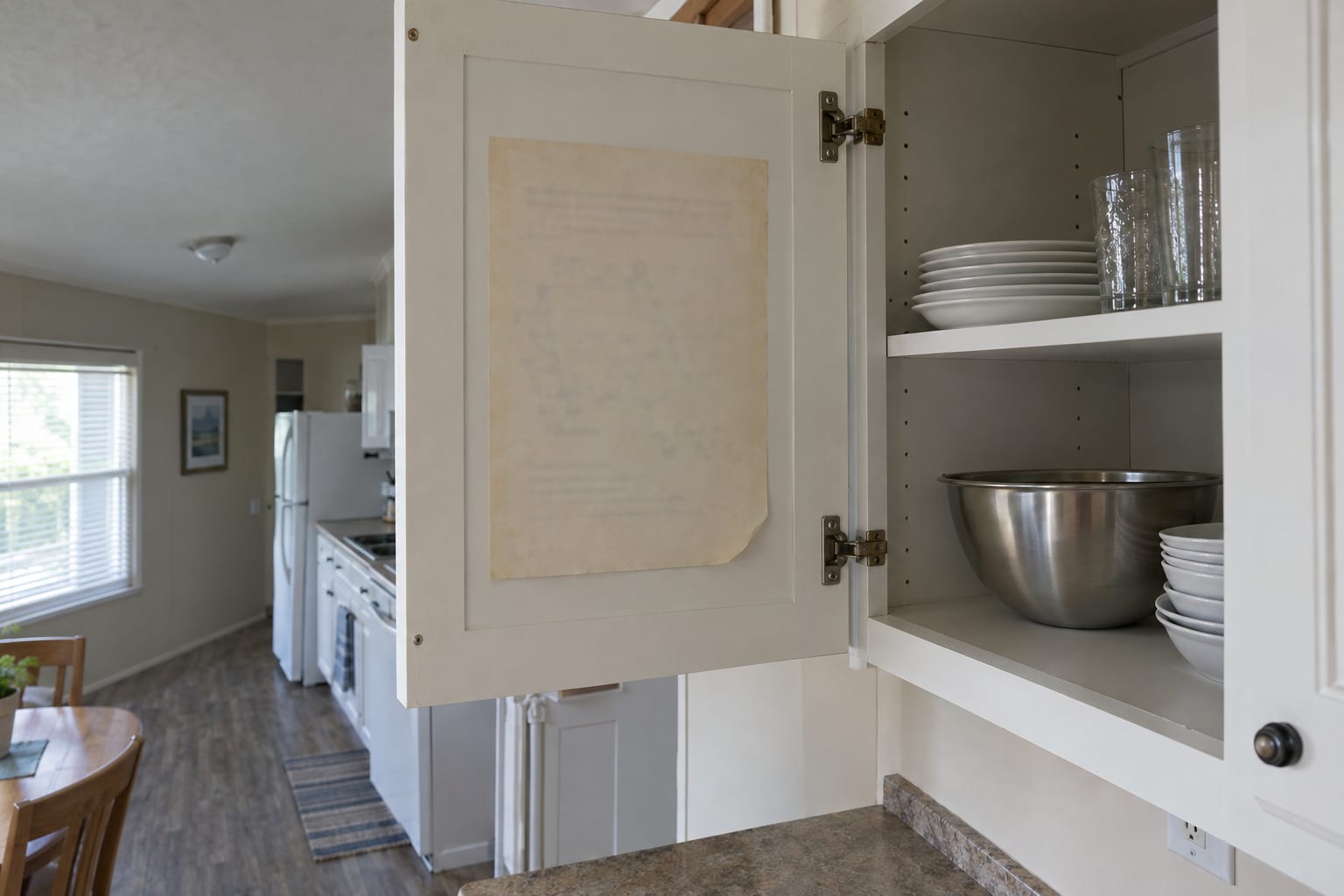 An open kitchen cabinet door with an aged paper sheet fixed to its inside face, next to shelves of plates and glasses.
