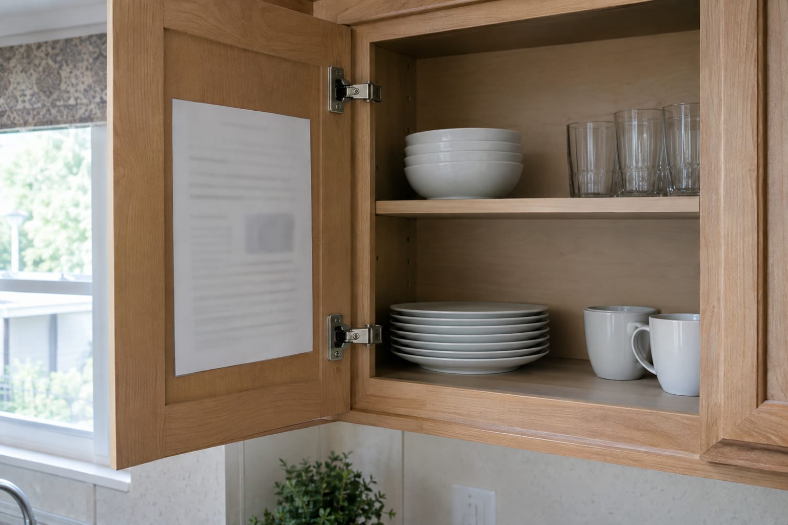An open kitchen cabinet in a manufactured home with a paper information sheet mounted inside the door.