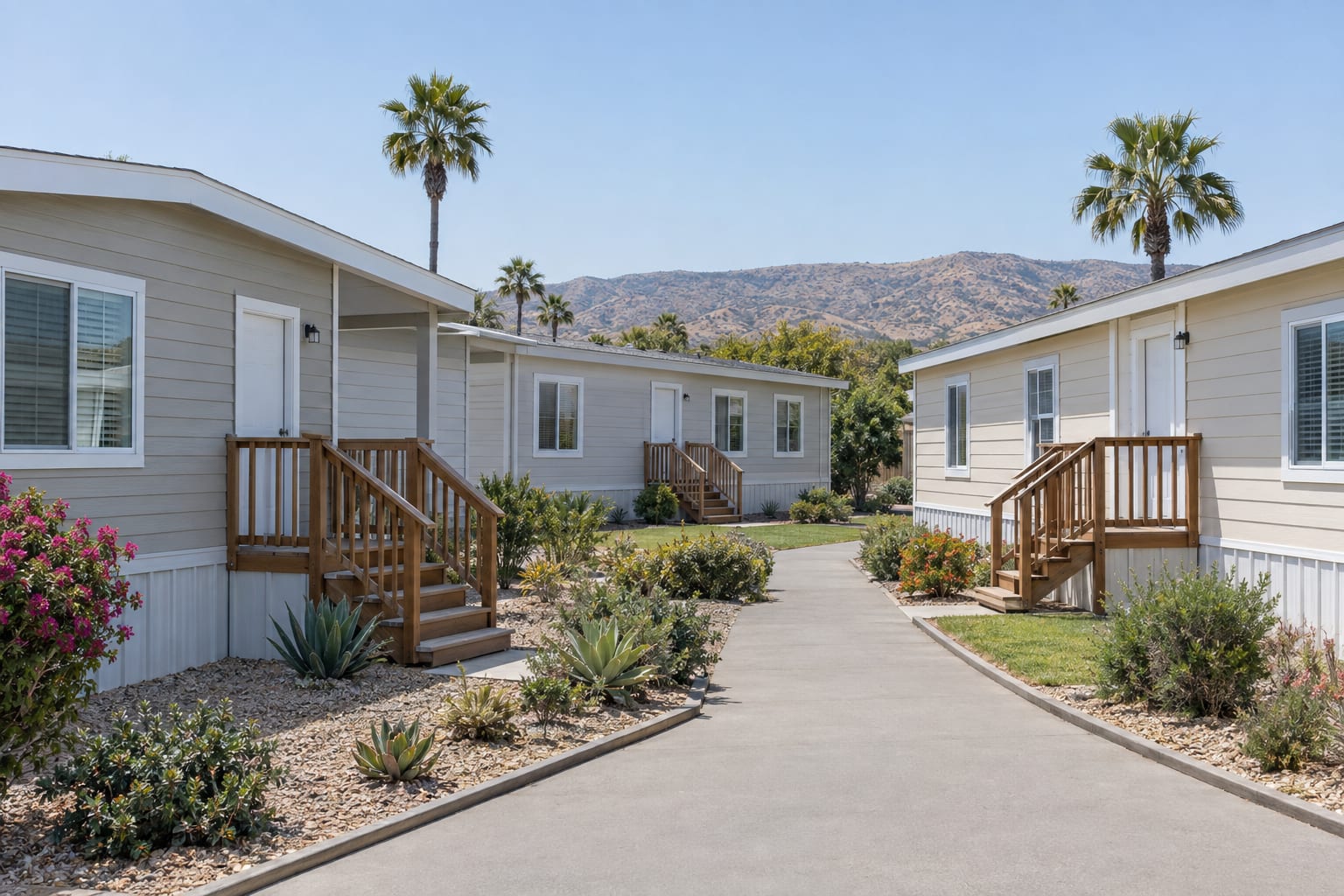 Three new manufactured homes set up for display on a dealer lot, with wooden steps up to each front door and a paved walkway between them