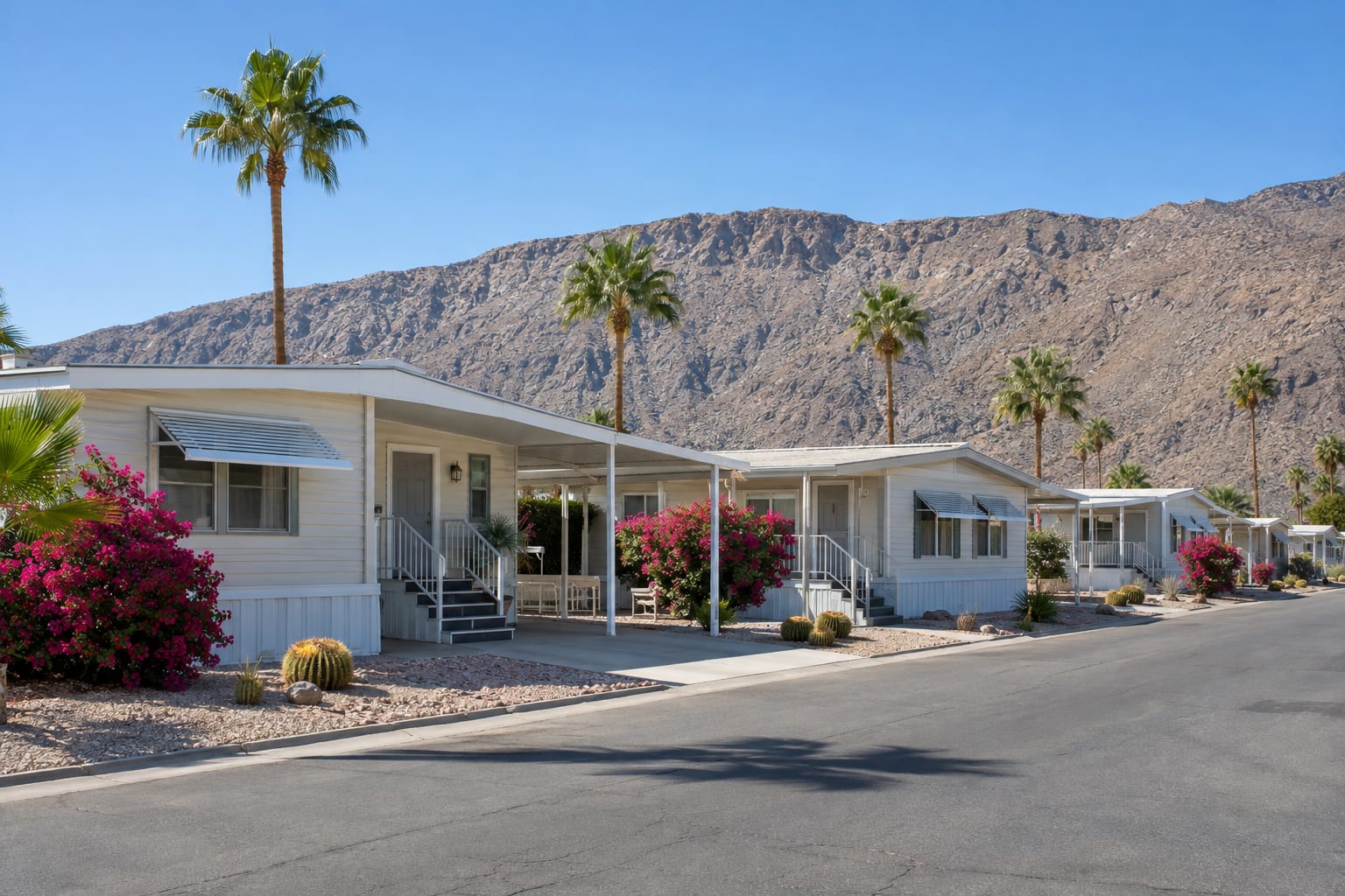 A street of manufactured homes with carports, gravel yards and fan palms, below a steep bare desert mountain
