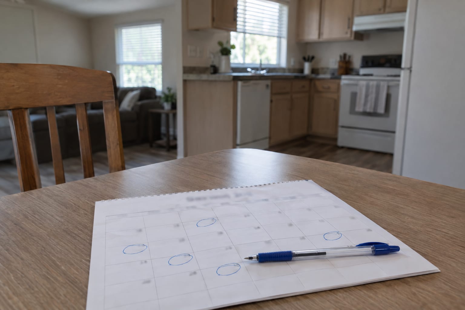 A desk calendar and a pen on a dining table in a manufactured home, several dates circled, the page's printed numbers softened and unreadable