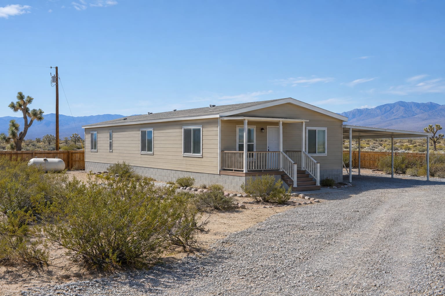 A double-wide manufactured home on a low block foundation on its own fenced high-desert lot, with a gravel driveway, a metal carport, a utility pole and a propane tank