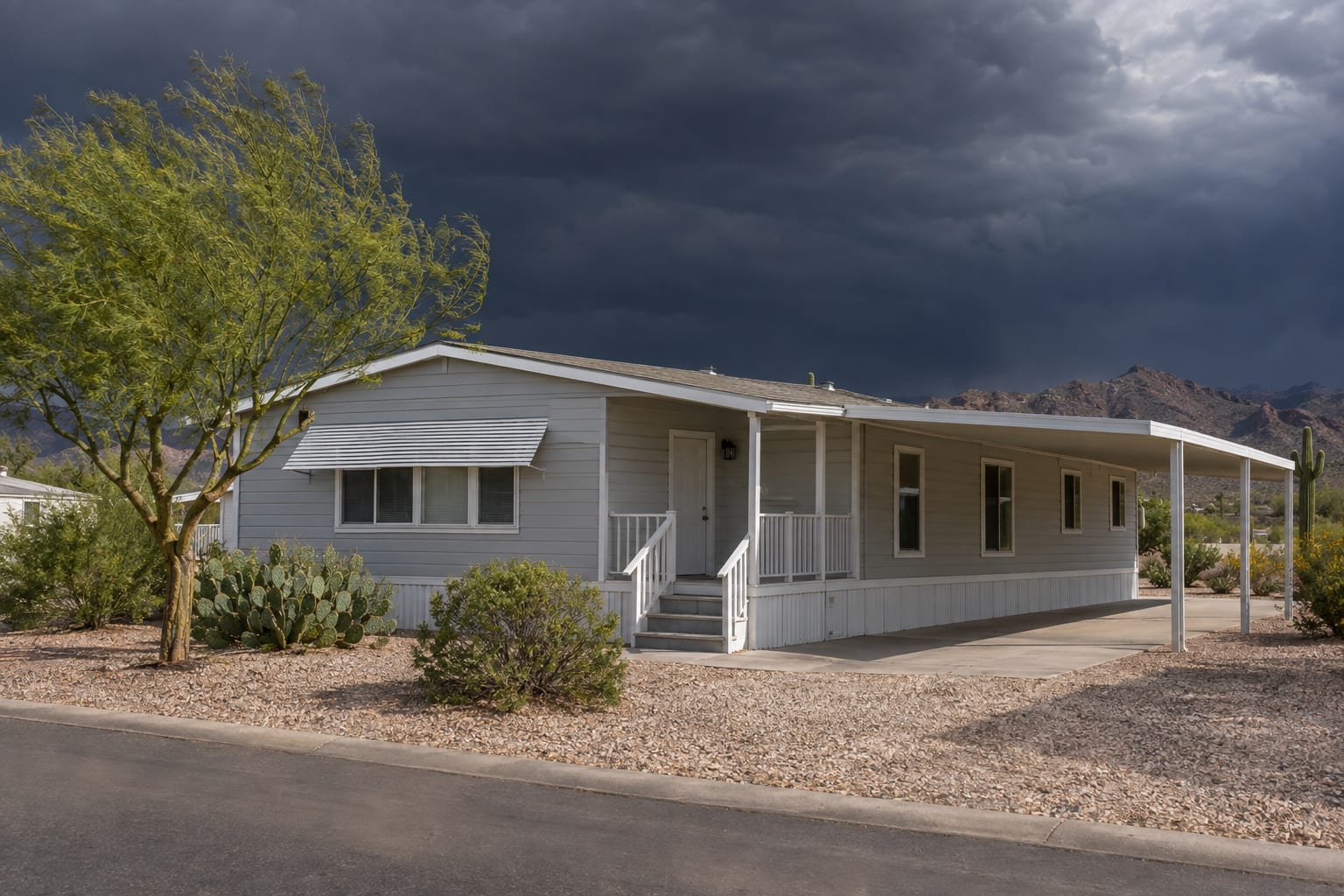 A double-wide manufactured home with a carport and awning on a West Valley community street under a dark monsoon sky