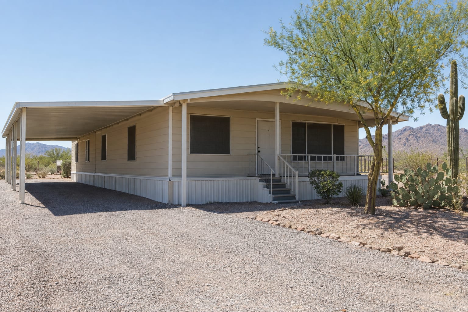 A manufactured home with a long carport and a covered front porch on a gravel lot in the desert, with a palo verde tree and saguaro beside it.