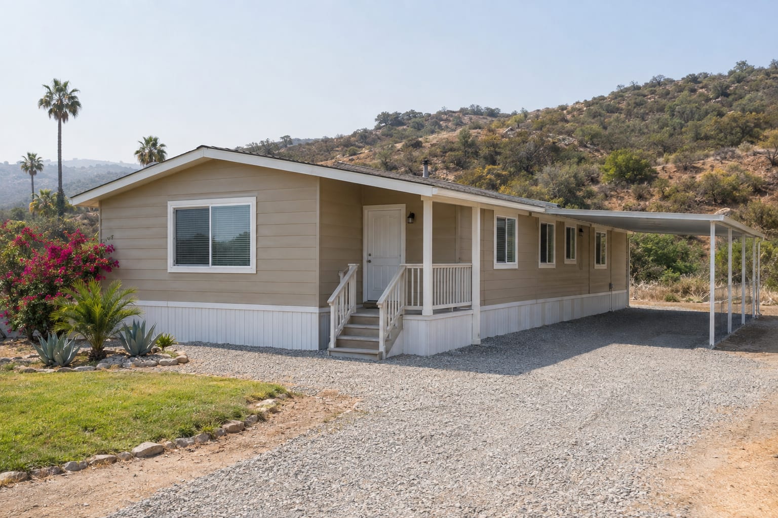 Una casa manufacturada de doble ancho en su propio terreno en las colinas de California, con una franja ancha de grava sin vegetación alrededor del faldón y chaparral seco en la ladera de atrás