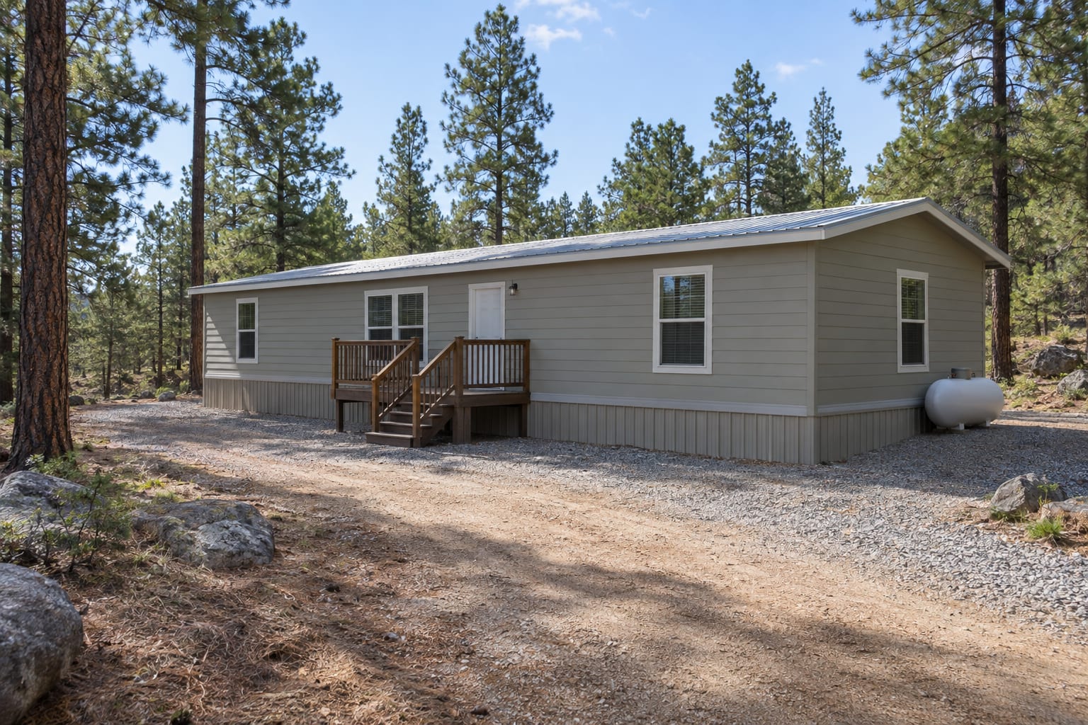 A manufactured home on a cleared gravel lot at the edge of a pine forest, with the nearest trees standing well back from the walls