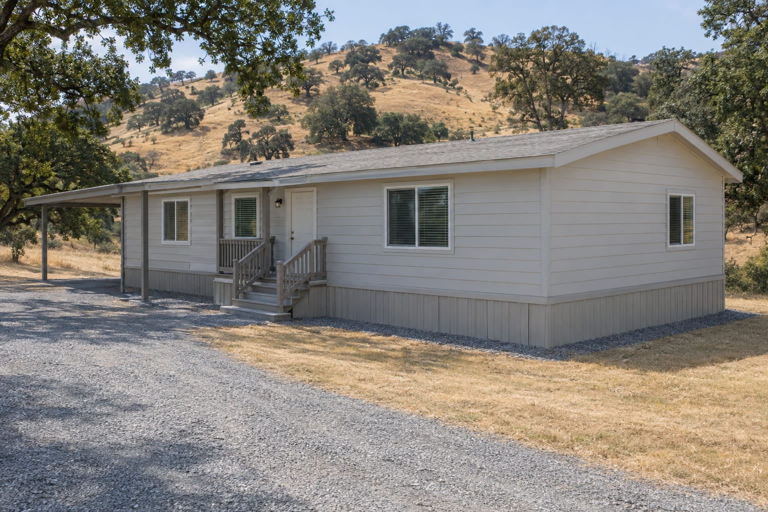 A manufactured home on a rural lot below an oak-covered hillside, with a bare gravel strip along the skirting and dry grass mown short around it