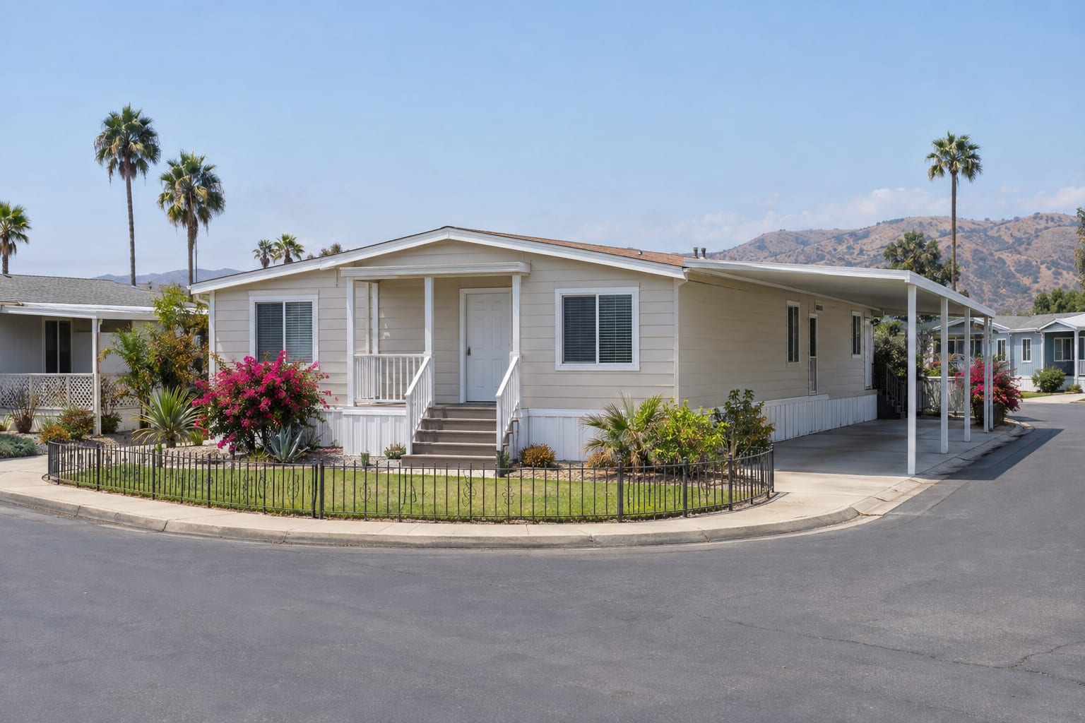 A double-wide manufactured home with a carport on a corner space of a quiet community street in Southern California, with neighboring homes along the street