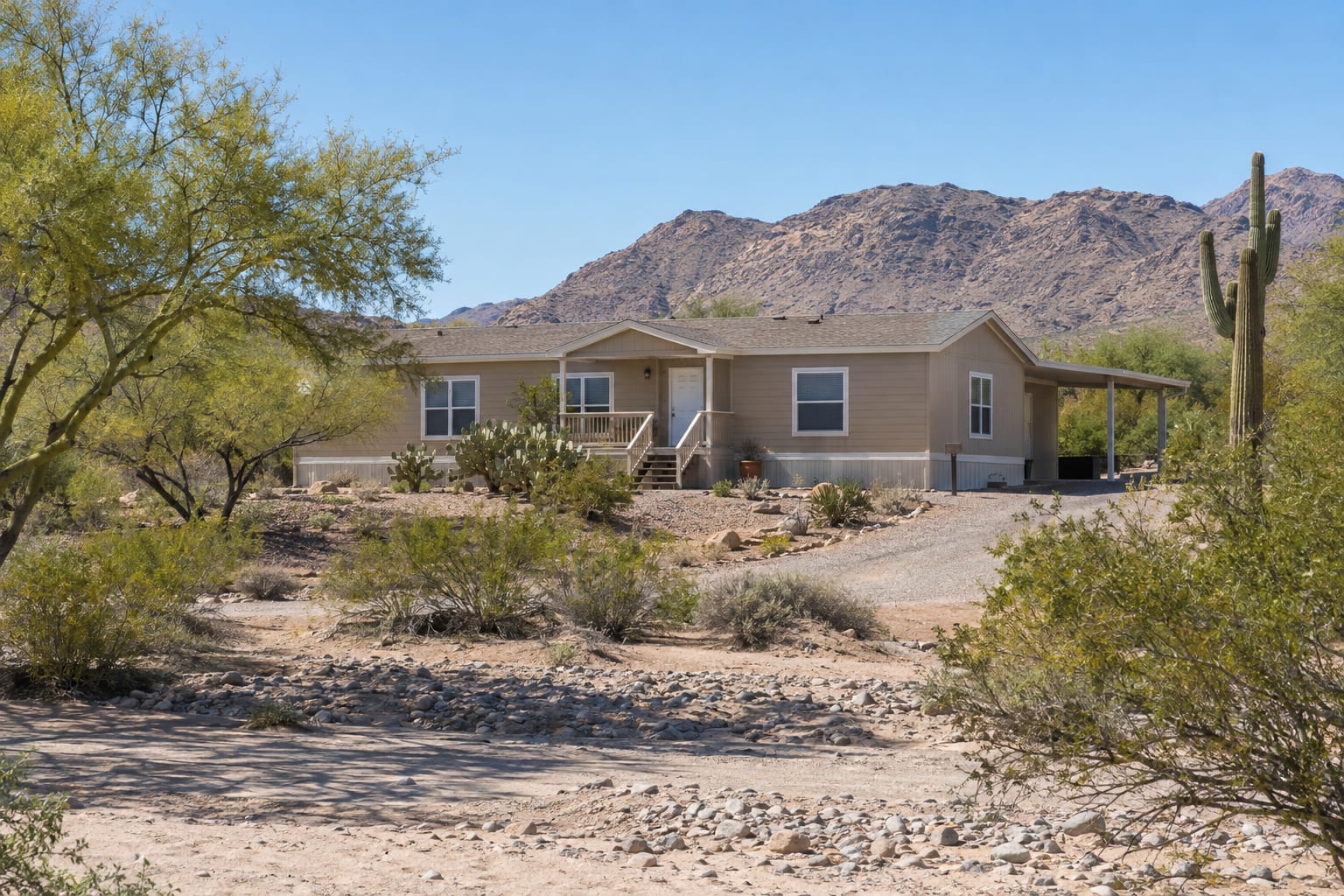 A double-wide manufactured home on a desert parcel beside a dry sandy wash lined with mesquite trees.