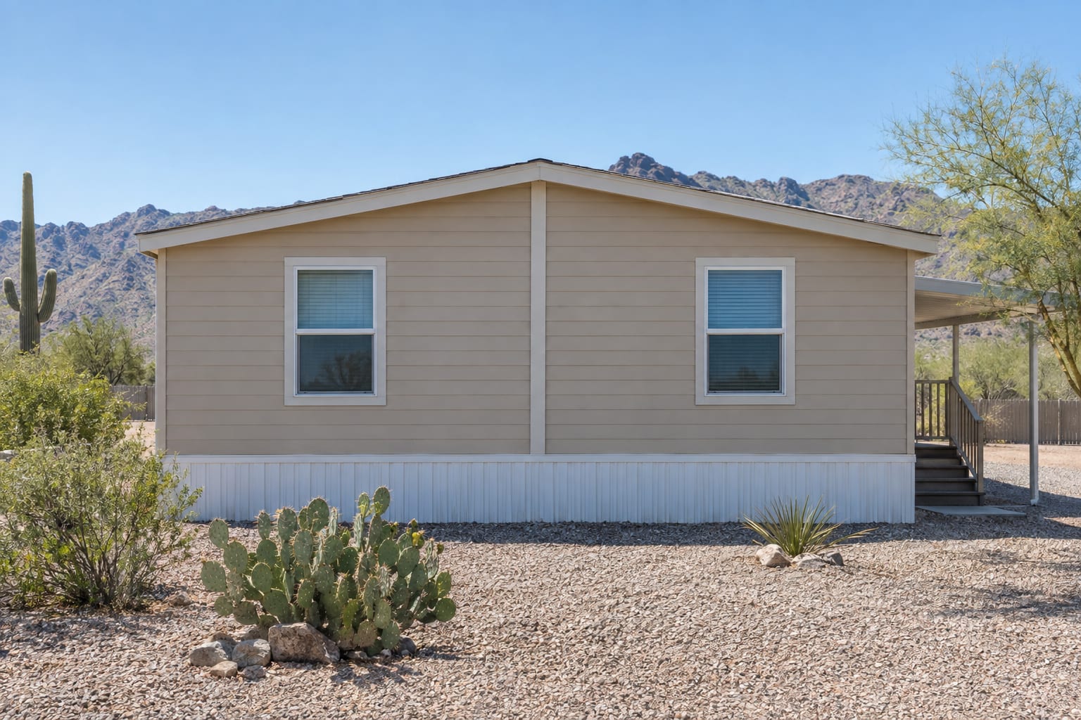 The end wall of a double-wide manufactured home with a vertical trim strip at the center where its two sections meet, above a gravel desert yard.