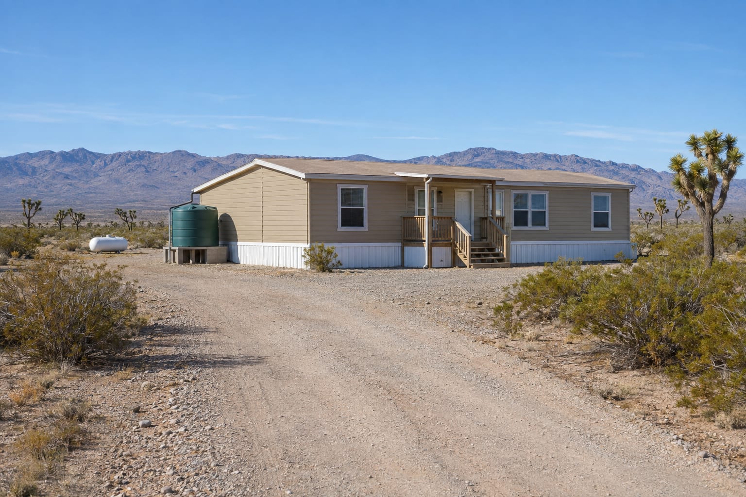 A double-wide manufactured home on a gravel high-desert lot with a water storage tank and a propane tank beside it and a bare mountain range in the distance.