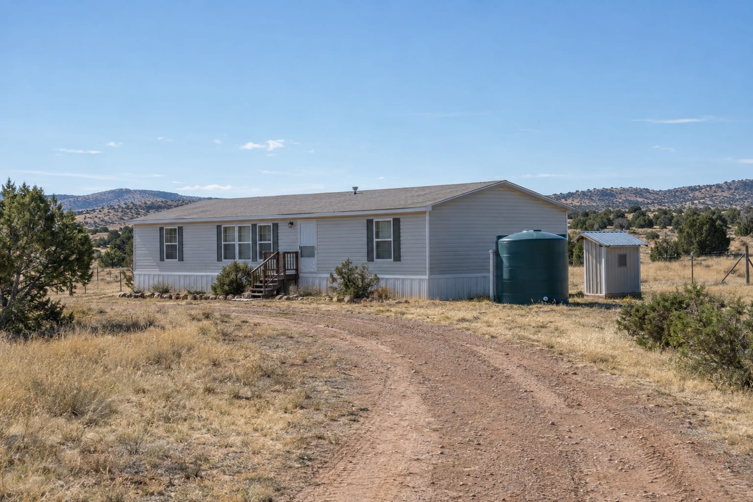 A double-wide manufactured home on a high grassland parcel with junipers, a round water storage tank and a small well house beside a dirt drive.