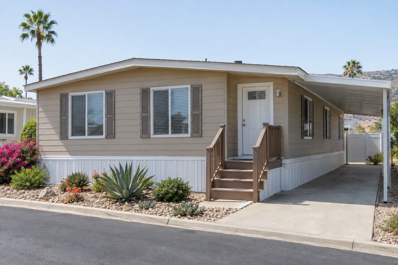 A double-wide manufactured home on its leased space in a Southern California community, with white skirting, front steps and a carport