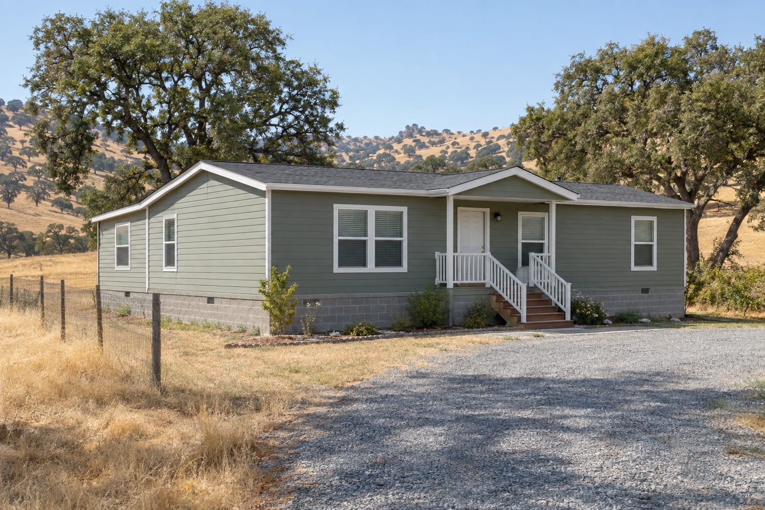 A manufactured home on a low perimeter foundation on its own lot, with golden hills and oak trees behind it