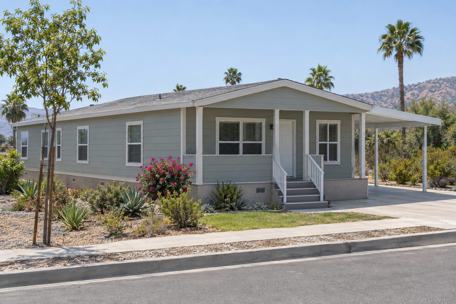 A newer manufactured home on a low stucco-finished foundation on a residential street lot, with a concrete driveway, a sidewalk and a young street tree.