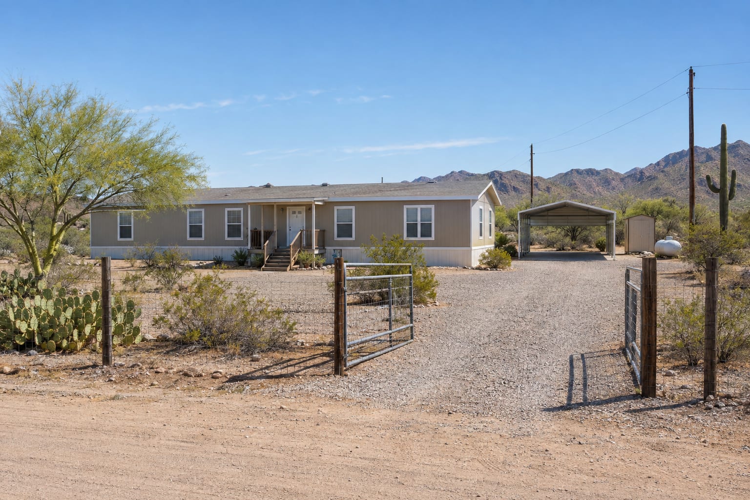 A double-wide manufactured home on a large fenced desert lot with a gravel driveway, a detached carport and a propane tank, seen from a dirt road.